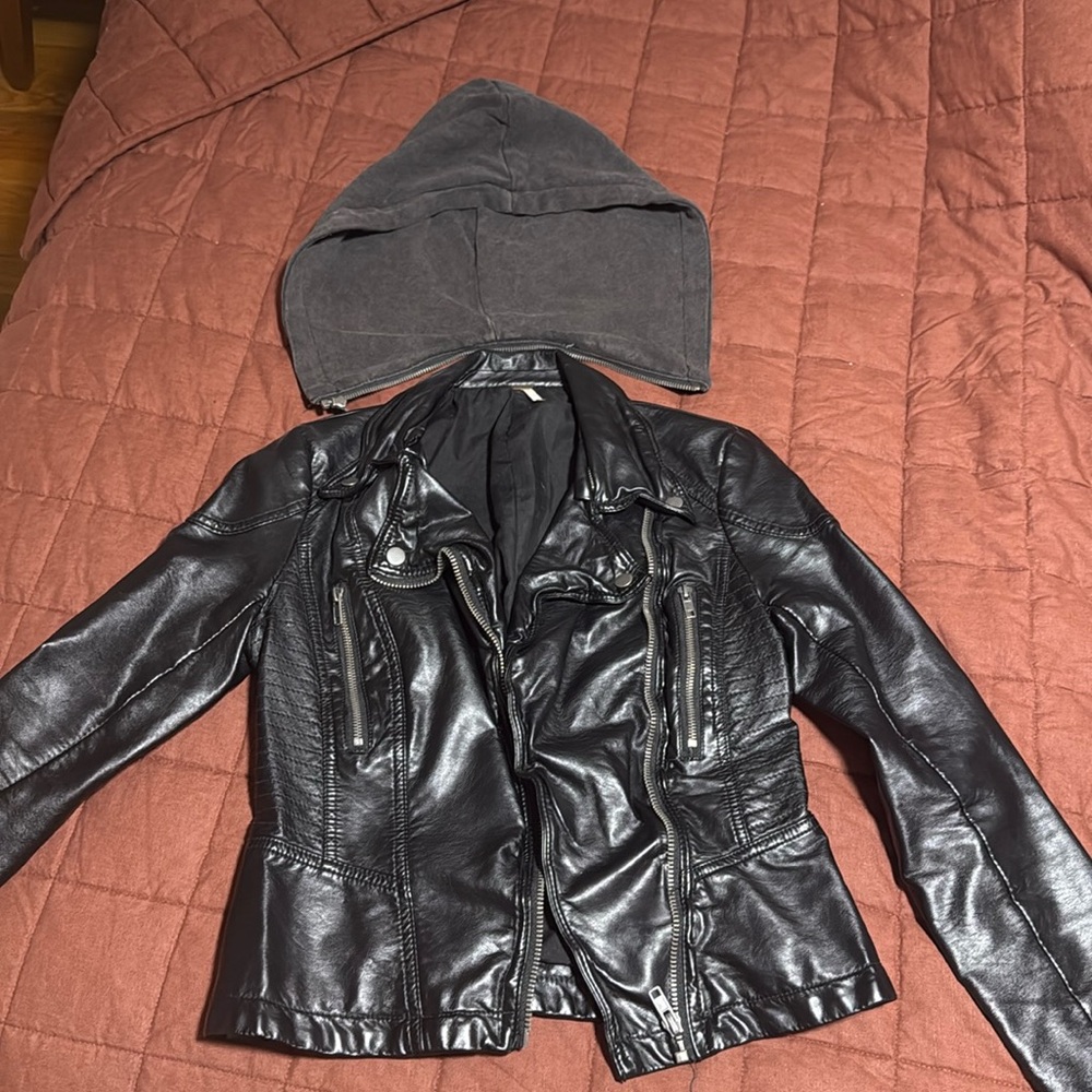 Free People size 2 black faux leather jacket w detachable hood